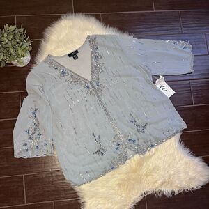 Midnight velvet powder blue sequin open blouse sz 3X